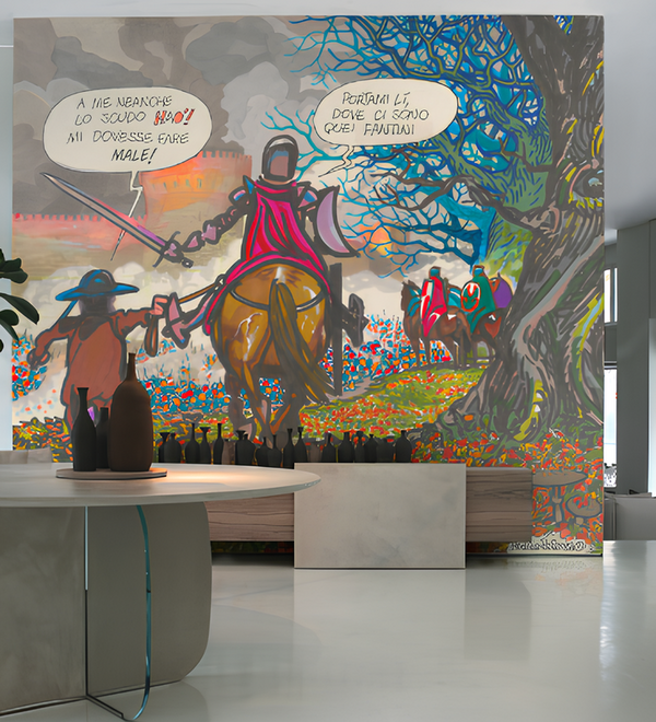 Großformatige Wandgestaltung im Comic-Stil mit Ritter-Motiv und Sprechblasen in modernem Esszimmer