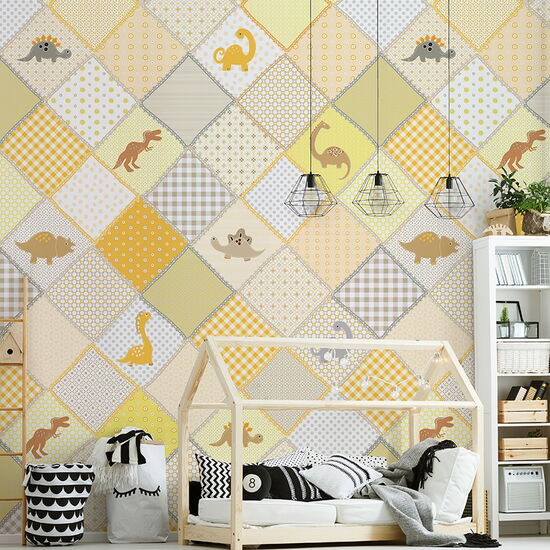 Kay&Liv - 1203096 - dino love geel Wandbild Vlies - 4 Panels à 0,50m x 3,00