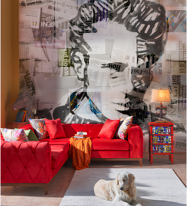 Digitaldruck :Wandfüllende James Dean Portrait-Collage aus Zeitungsseiten im Pop-Art-Stil mit rotem Sofa und Golden Retriever.